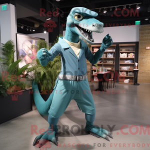 Blågrøn Velociraptor maskot...