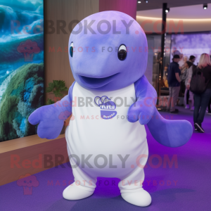 Purple Beluga Whale mascot costume character dressed with a Graphic Tee and Beanies