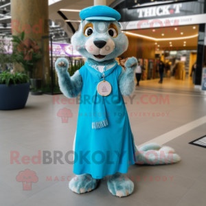 Sky Blue Meerkat mascot costume character dressed with a Maxi Skirt and Berets