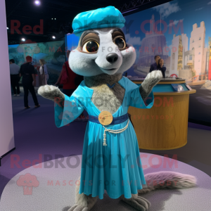 Sky Blue Meerkat mascot costume character dressed with a Maxi Skirt and Berets