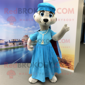 Sky Blue Meerkat mascot costume character dressed with a Maxi Skirt and Berets