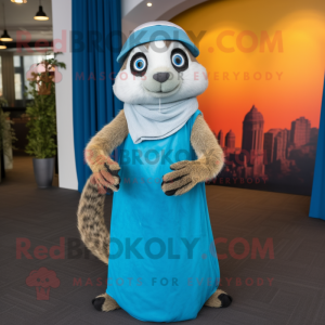 Sky Blue Meerkat mascot costume character dressed with a Maxi Skirt and Berets