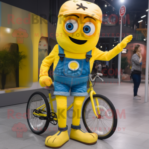 Yellow Unicyclist mascot costume character dressed with a Denim Shorts and Mittens