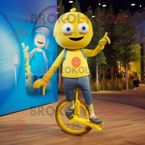 Yellow Unicyclist mascot costume character dressed with a Denim Shorts and Mittens
