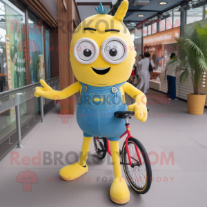 Yellow Unicyclist mascot costume character dressed with a Denim Shorts and Mittens