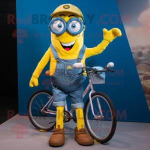 Yellow Unicyclist mascot costume character dressed with a Denim Shorts and Mittens