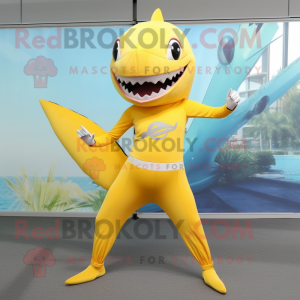 Lemon Yellow Shark mascot costume character dressed with a Yoga Pants and Hair clips
