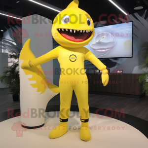 Lemon Yellow Shark mascot costume character dressed with a Yoga Pants and Hair clips