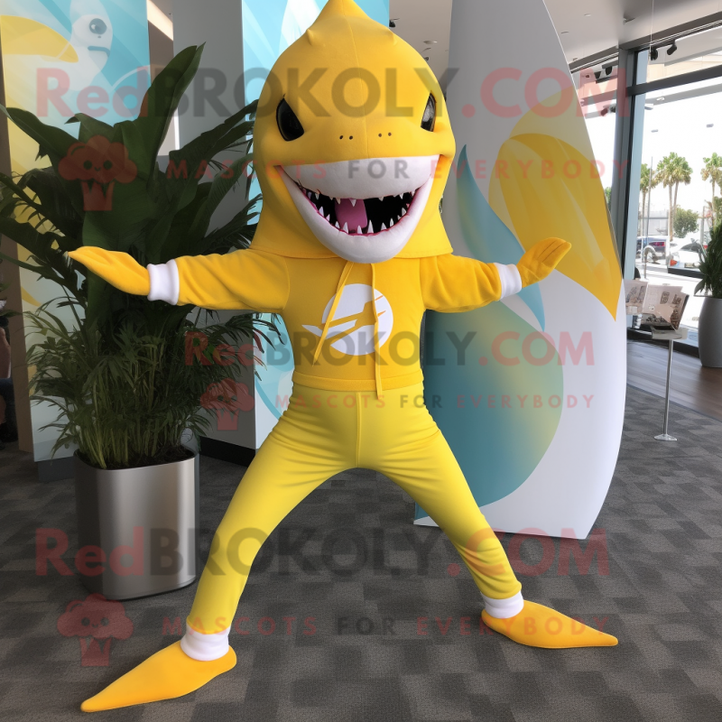 Lemon Yellow Shark mascot costume character dressed with a Yoga Pants and Hair clips