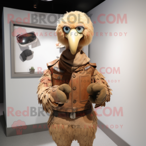 Tan Dodo Bird mascot costume character dressed with a Moto Jacket and Shawl pins