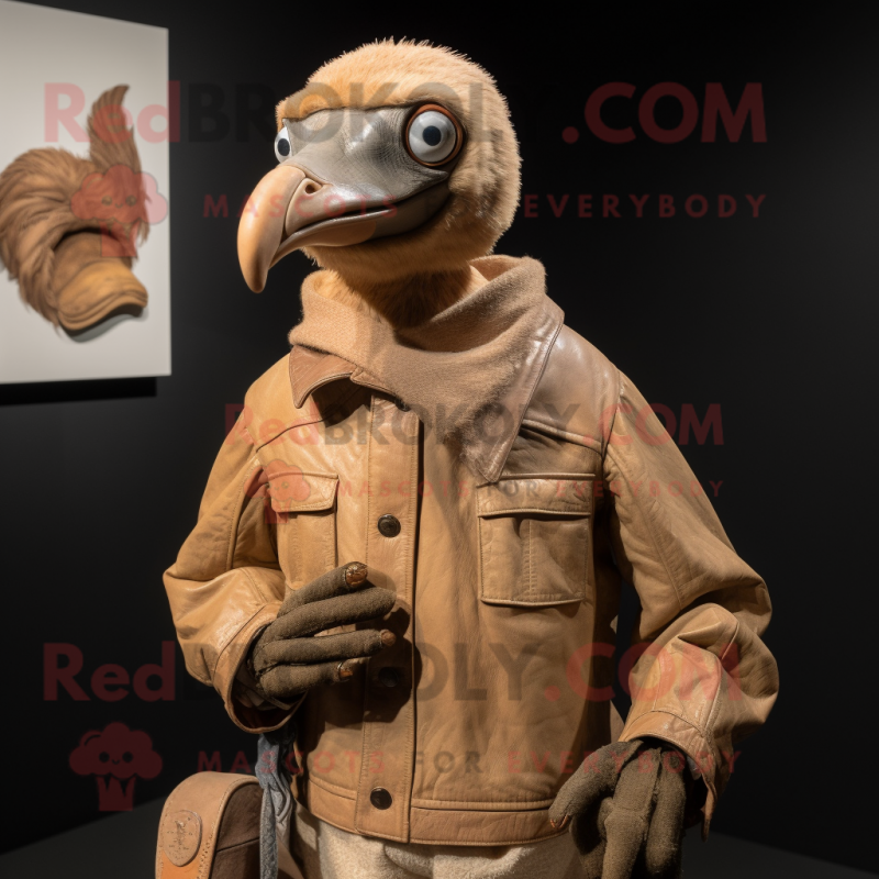 Tan Dodo Bird mascot costume character dressed with a Moto Jacket and Shawl pins