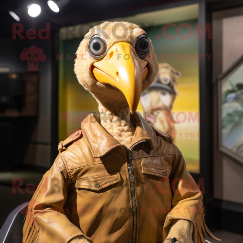 Tan Dodo Bird mascot costume character dressed with a Moto Jacket and Shawl pins Tan Dodo Bird mascot costume character dressed with a Moto Jacket and Shawl pins