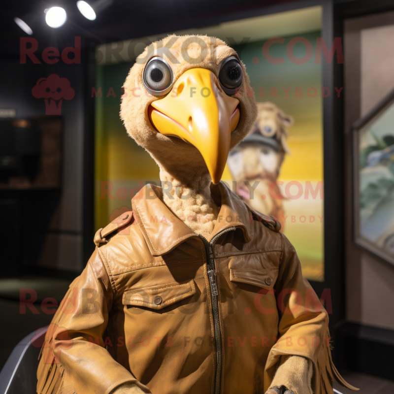 Tan Dodo Bird mascot costume character dressed with a Moto Jacket and Shawl pins