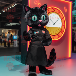 Black Cat mascot costume character dressed with a A-Line Dress and Digital watches