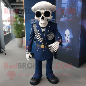 Navy Skull mascot costume character dressed with a Suit and Messenger bags