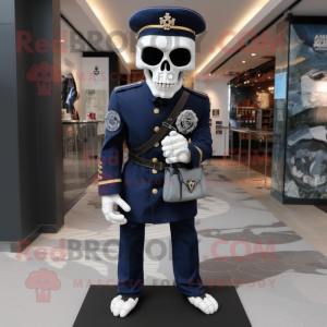 Navy Skull mascot costume character dressed with a Suit and Messenger bags