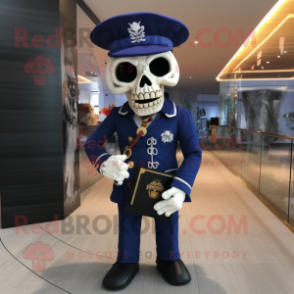 Navy Skull mascot costume character dressed with a Suit and Messenger bags