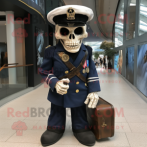 Navy Skull mascot costume character dressed with a Suit and Messenger bags