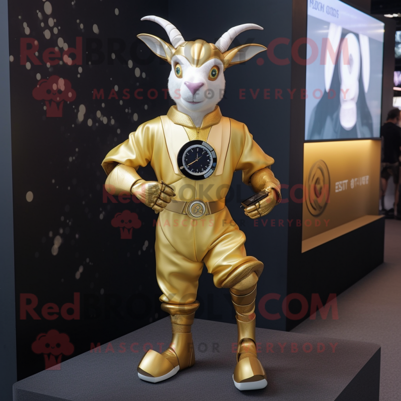 Gold Goat mascot costume character dressed with a Bodysuit and Smartwatches