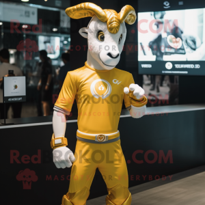 Gold Goat mascot costume character dressed with a Bodysuit and Smartwatches