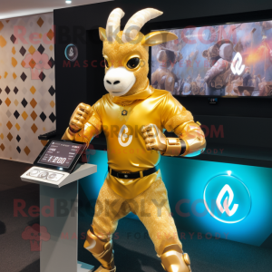 Gold Goat mascot costume character dressed with a Bodysuit and Smartwatches