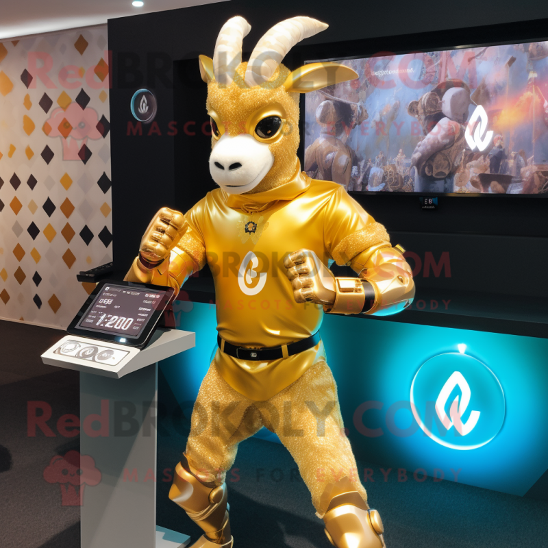 Gold Goat mascot costume character dressed with a Bodysuit and Smartwatches Gold Goat mascot costume character dressed with a Bodysuit and Smartwatches