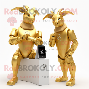 Gold Goat mascot costume character dressed with a Bodysuit and Smartwatches