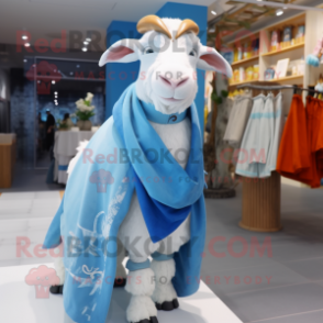 Sky Blue Boer Goat mascot costume character dressed with a Culottes and Shawls