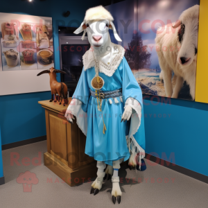 Sky Blue Boer Goat mascot costume character dressed with a Culottes and Shawls