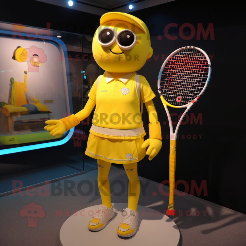 Yellow Tennis Racket mascot costume character dressed with a Mini Skirt and Messenger bags