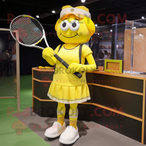 Yellow Tennis Racket mascot costume character dressed with a Mini Skirt and Messenger bags