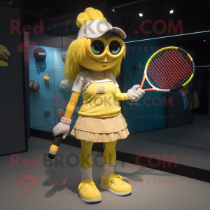 Yellow Tennis Racket mascot costume character dressed with a Mini Skirt and Messenger bags
