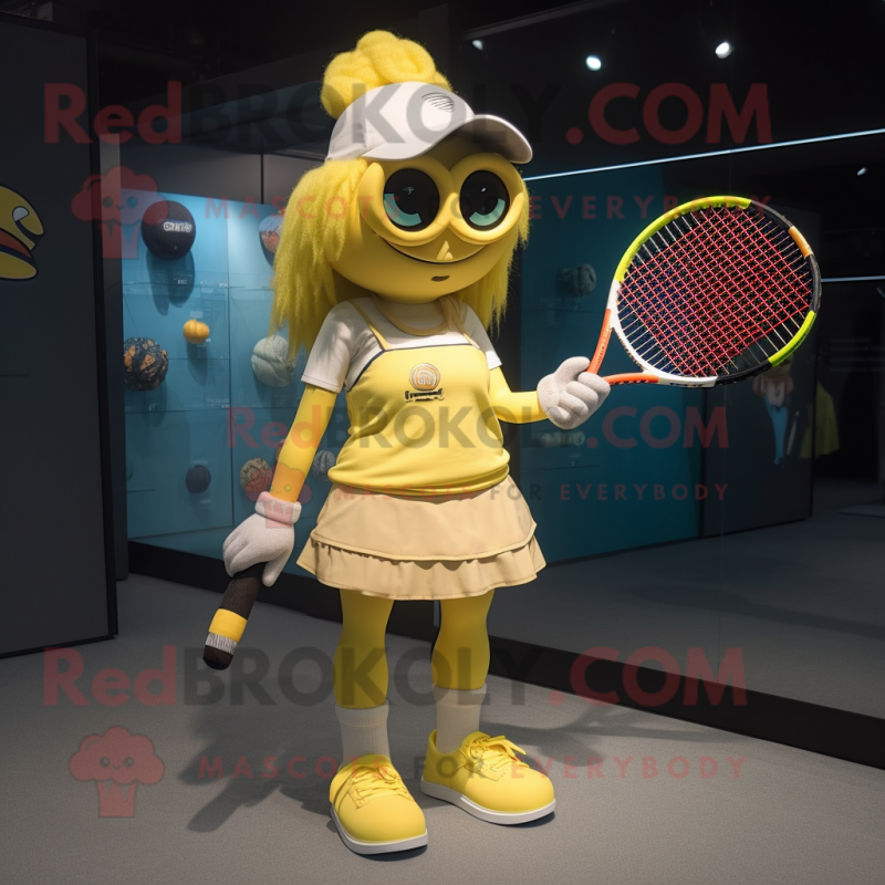 Yellow Tennis Racket mascot costume character dressed with a Mini Skirt and Messenger bags Yellow Tennis Racket mascot costume character dressed with a Mini Skirt and Messenger bags