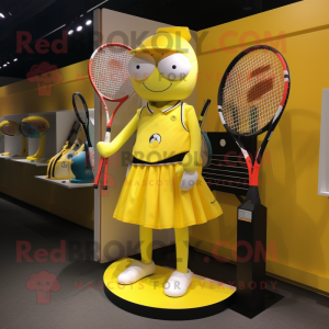 Yellow Tennis Racket mascot costume character dressed with a Mini Skirt and Messenger bags