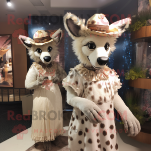 Cream Hyena mascot costume character dressed with a Midi Dress and Hats