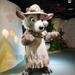 Cream Hyena mascot costume character dressed with a Midi Dress and Hats