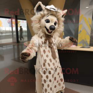 Cream Hyena mascot costume character dressed with a Midi Dress and Hats