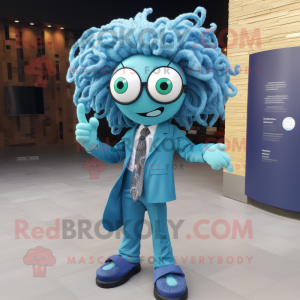 Sky Blue Medusa mascot costume character dressed with a Suit Jacket and Reading glasses