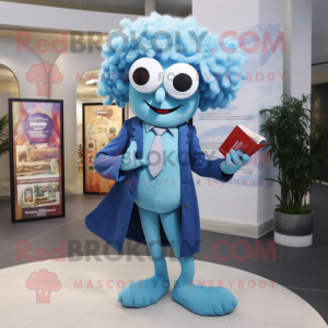 Sky Blue Medusa mascot costume character dressed with a Suit Jacket and Reading glasses