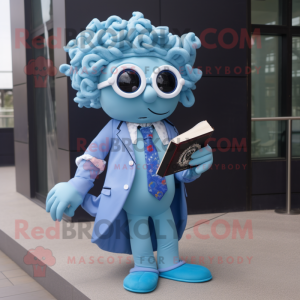 Sky Blue Medusa mascot costume character dressed with a Suit Jacket and Reading glasses