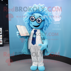 Sky Blue Medusa mascot costume character dressed with a Suit Jacket and Reading glasses