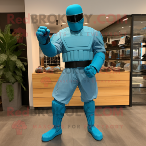 Turquoise Gi Joe mascot costume character dressed with a Shorts and Shoe clips