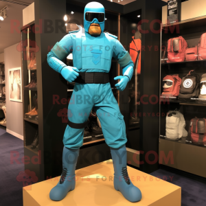 Turquoise Gi Joe mascot costume character dressed with a Shorts and Shoe clips