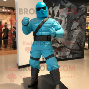 Turquoise Gi Joe mascot costume character dressed with a Shorts and Shoe clips