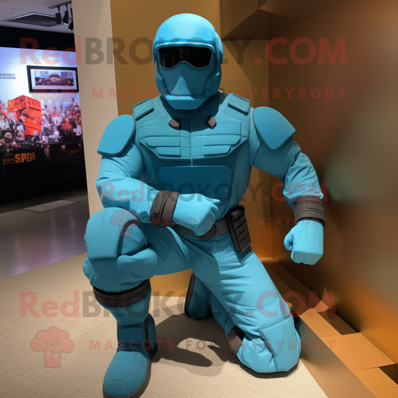 Turquoise Gi Joe mascot costume character dressed with a Shorts and Shoe clips Turquoise Gi Joe mascot costume character dressed with a Shorts and Shoe clips