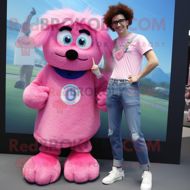 Pink Shepard'S Pie mascot costume character dressed with a Boyfriend Jeans and Rings Pink Shepard'S Pie mascot costume character dressed with a Boyfriend Jeans and Rings