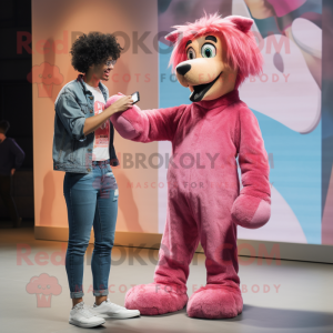 Pink Shepard'S Pie mascot costume character dressed with a Boyfriend Jeans and Rings