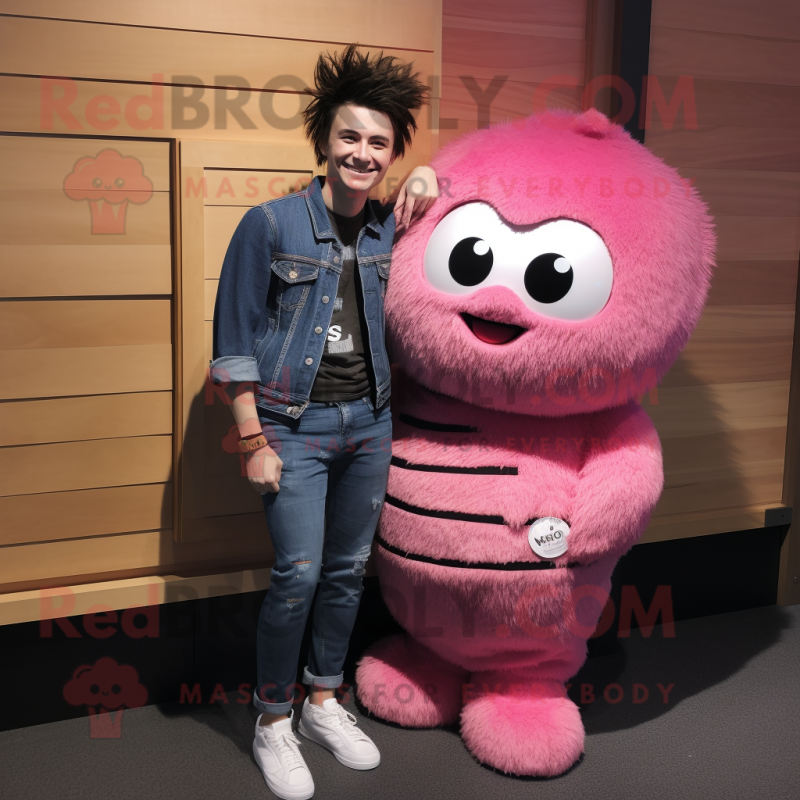 Pink Shepard'S Pie mascot costume character dressed with a Boyfriend Jeans and Rings