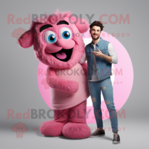 Pink Shepard'S Pie mascot costume character dressed with a Boyfriend Jeans and Rings