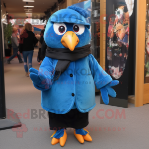 Blue Blackbird mascot costume character dressed with a Coat and Beanies